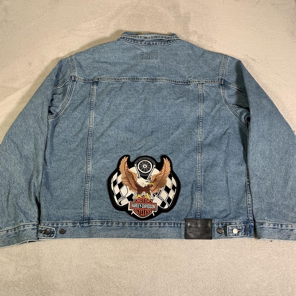 Vintage Harley Davidson Jacket Mens 2XL Blue Denim Eagle Racing Patch Motorcycle
